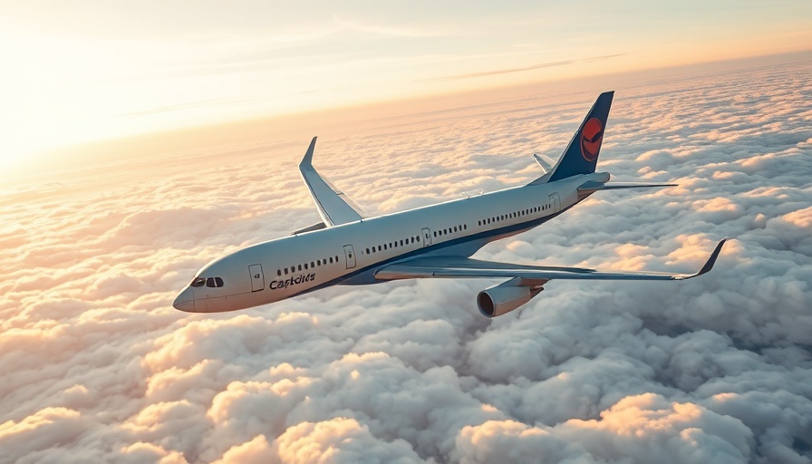 Commercial airplane flying over clouds at sunset.
