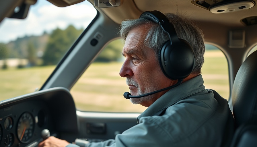 Older male pilot flying an aircraft with popular aviation items, February 2025.