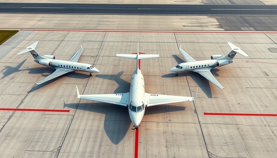 Aerial view of private jets at airport illustrating runway arrangement.
