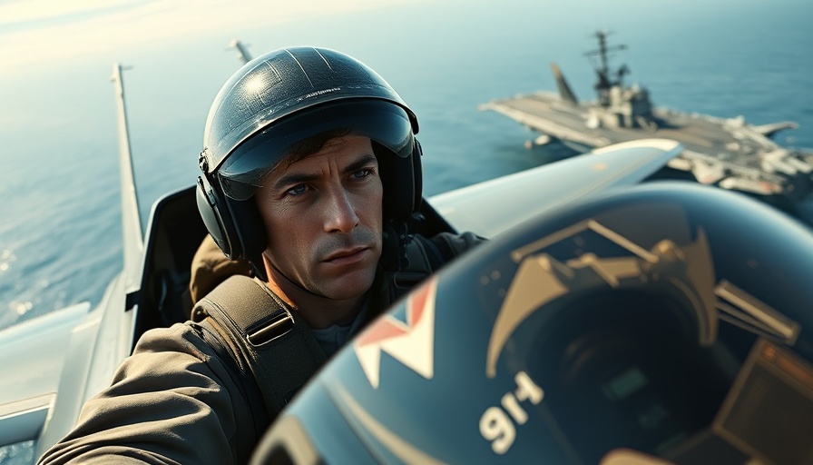 Pilot flying fighter jet over ocean near aircraft carrier.