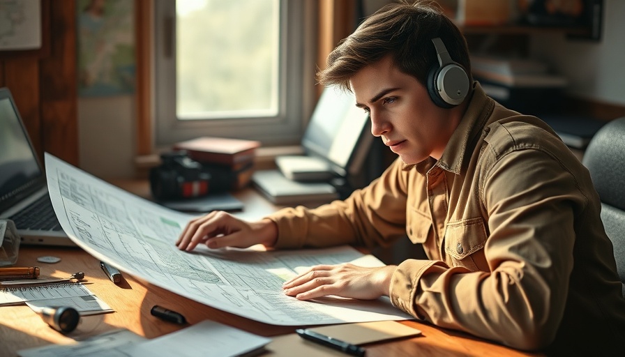 Young aviation student learning to fly, studying flight maps at a desk.