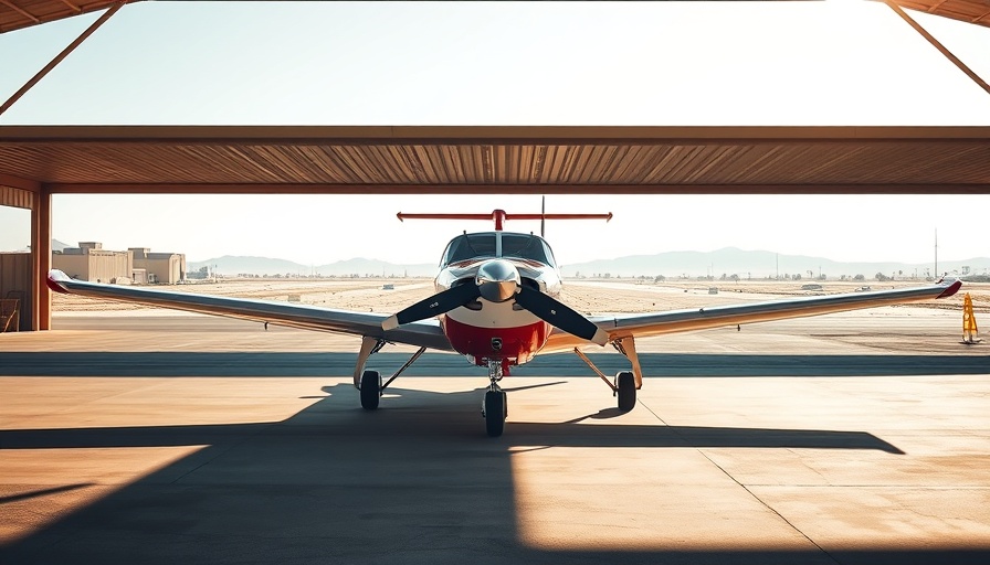 Cessna 182F Skylane under hangar on sunny day.