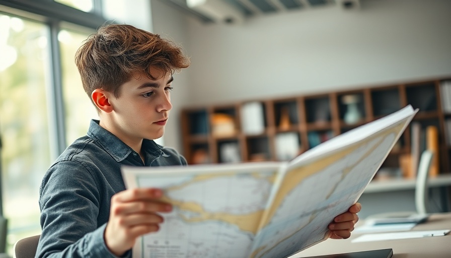 Young man learns to fly by studying a flight map indoors.