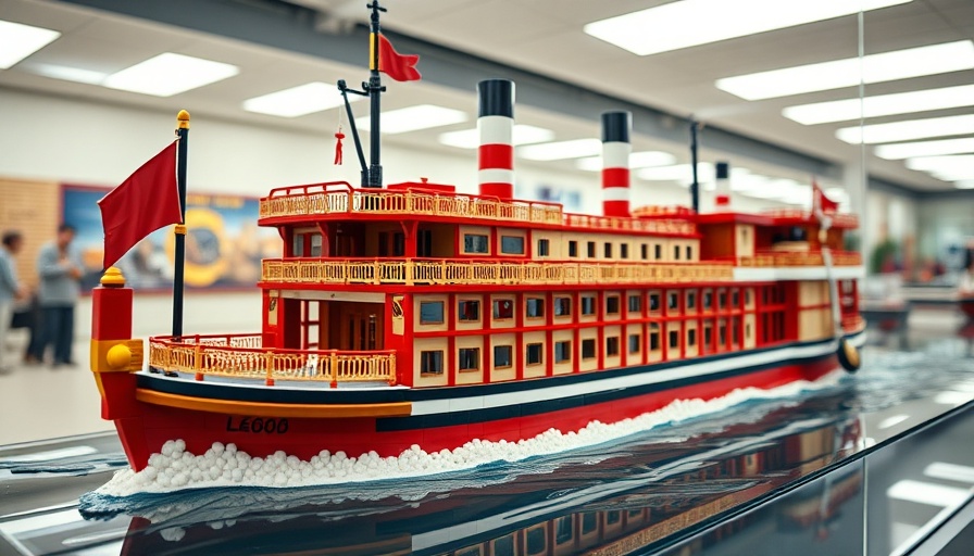 Detailed LEGO River Steamboat set in a display case at an exhibition.