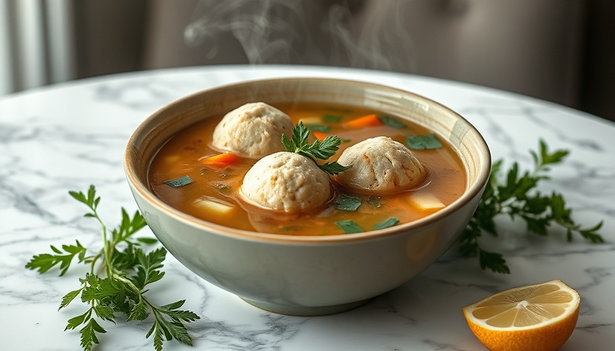 Bowl of matzo ball soup with herbs on a marble table