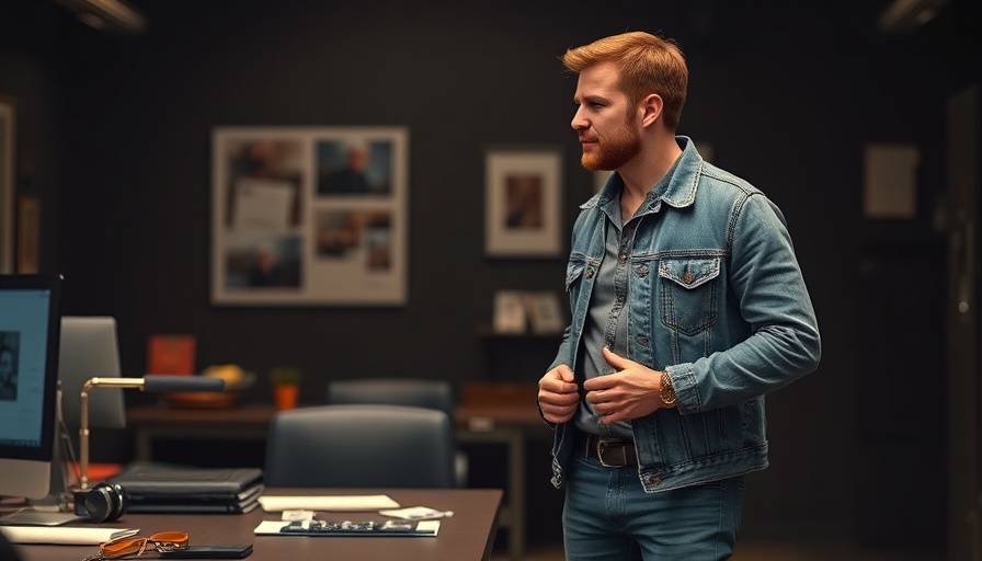 Casual man standing in denim jacket, office setting with fashion items.