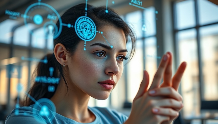 Young woman analyzing AI technology through a holographic interface.
