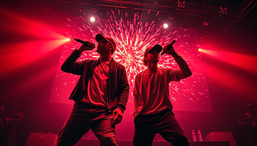 Vibrant hip hop duo on stage with intense red lighting for 'Run the Jewels Drink Line'.