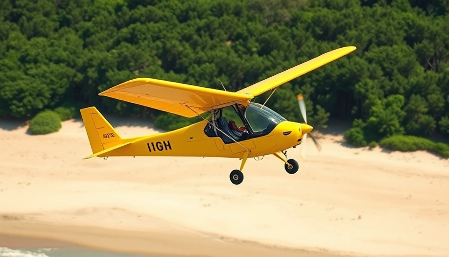 Ultralight aircraft flying over Lake Superior beach.