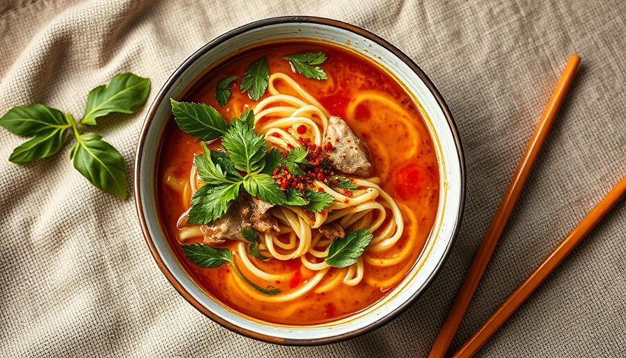 Vibrant noodle soup idea with herbs, spices, and lime slices.
