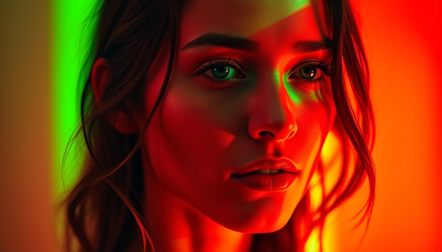 Abstract portrait of woman in colorful lighting, AI impact on beauty industry.
