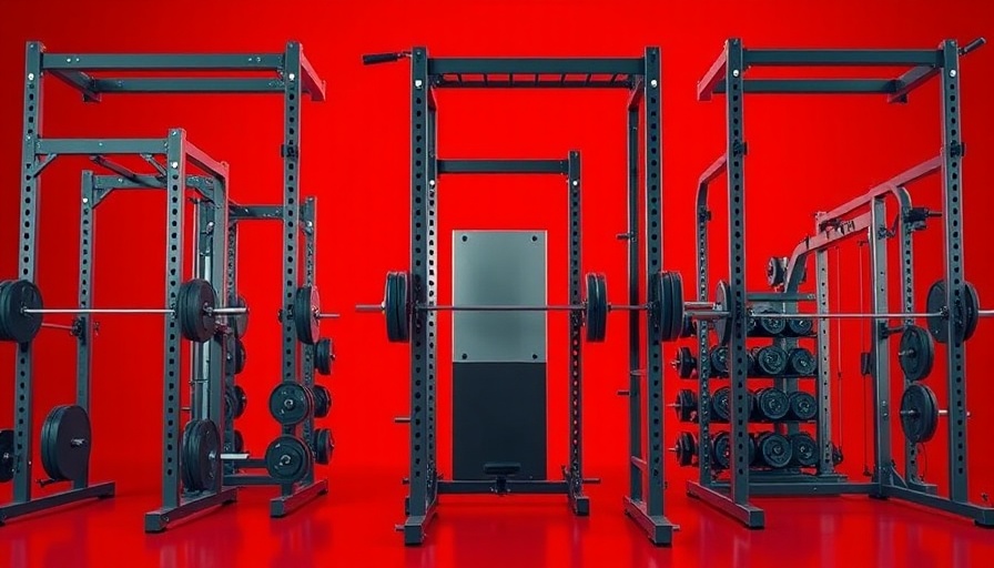 Modern power racks against red background showcasing diverse configurations for strength training.