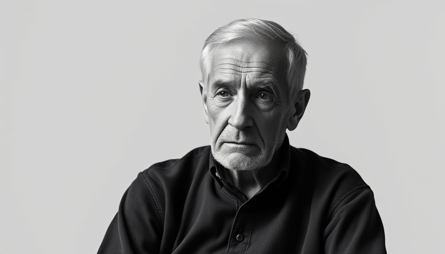 Black and white portrait of an older man in a dark sweater, Simone Bellotti Jil Sander.
