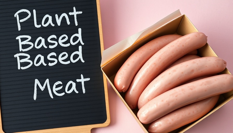 Blackboard with 'Plant Based Meat' next to vegan sausages in a tray.