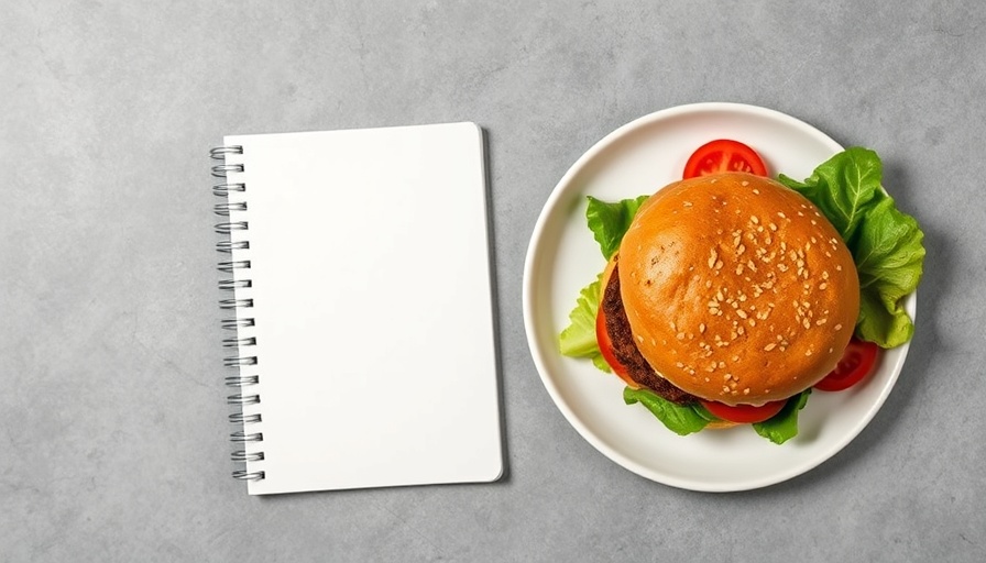 Top view of a plant-based burger on a plate next to a notebook.