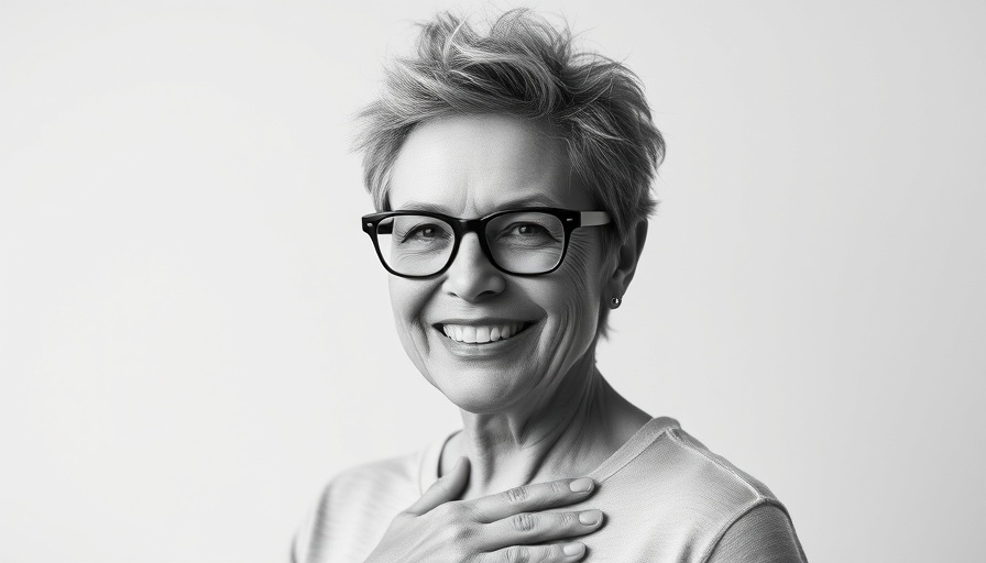 Middle-aged woman smiling warmly, hand on heart in black and white.