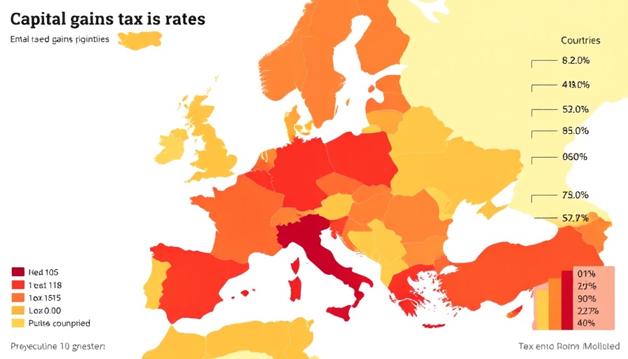Map showing Capital Gains Tax Rates in Europe 2025, color-coded by rate.