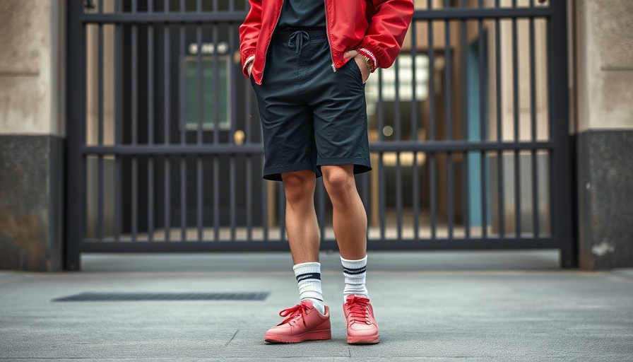 Stylish person in red jacket and pink shoes, urban setting.