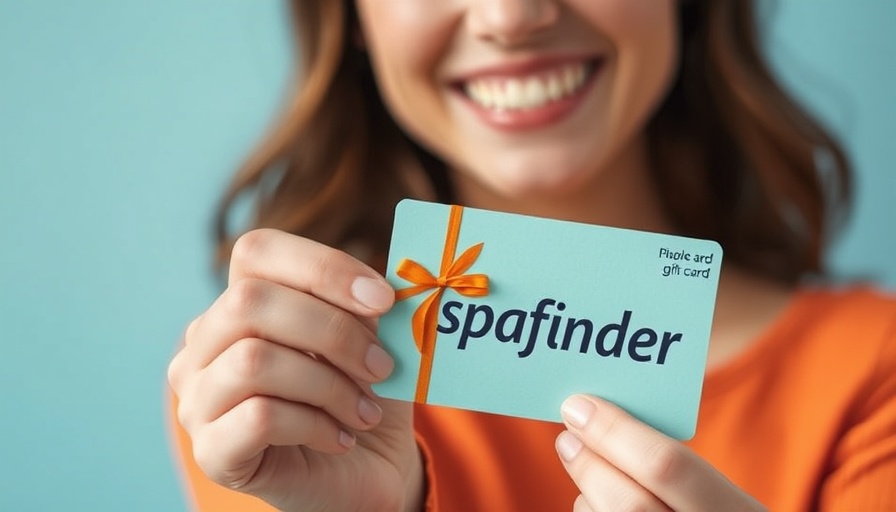 Smiling woman holding Spafinder gift card against blue background.