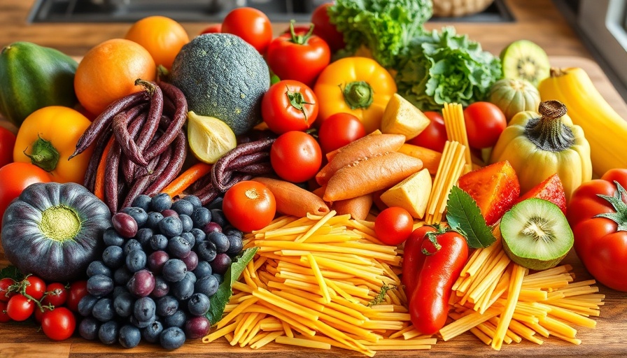 Colorful display of fiber-rich foods showcasing dietary fiber benefits.