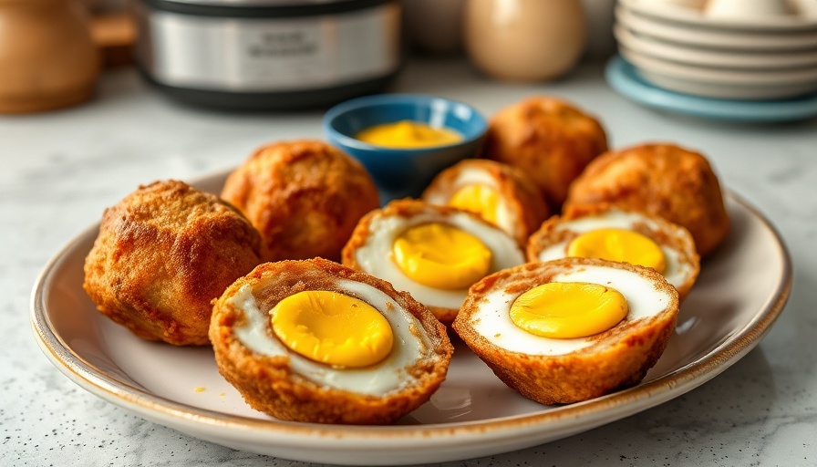 Scotch eggs recipe with yolk, mustard sauce on platter.