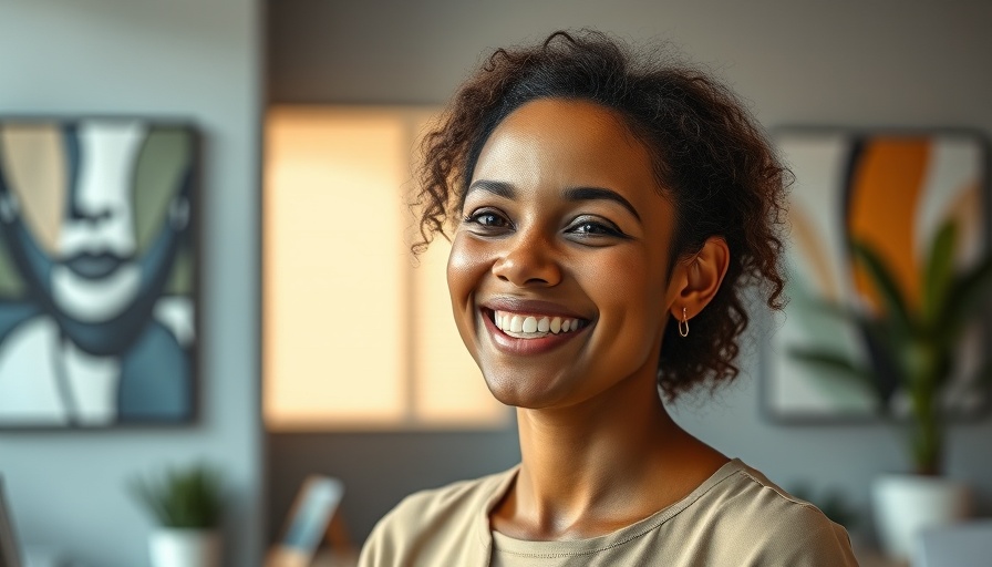 Confident woman smiling indoors, embodying a positive relationship with food.