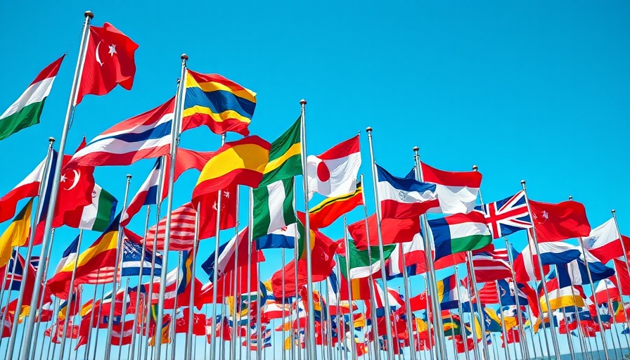 International flags waving under a clear sky symbolizing global unity in tax reforms.