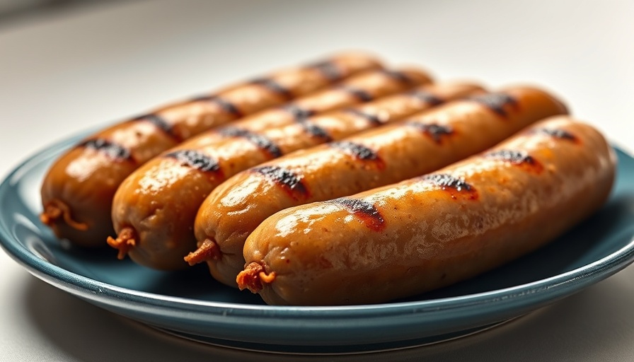 Mycoprotein sausages on blue plate highlighting health benefits.