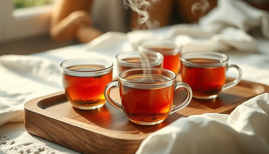 Two steaming cups of anti-inflammatory herbal tea on wooden tray