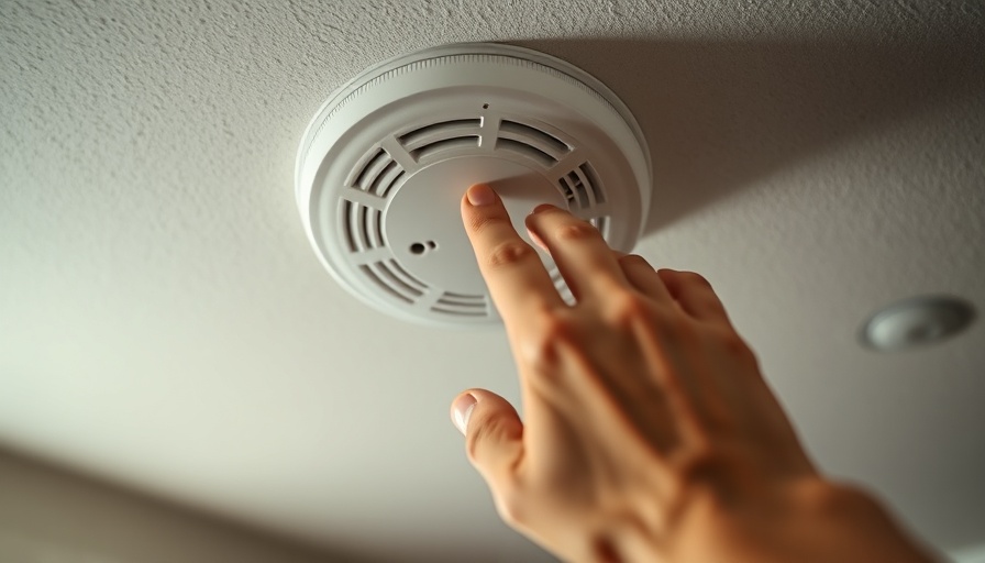 Hand testing ceiling smoke detector in modern interior.