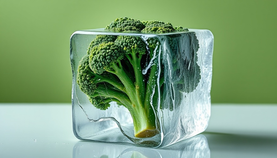 Frozen broccoli in ice block, highlighting concept of refreezing.