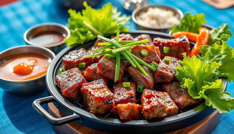 Korean barbecue at home spread with grilled beef and sides