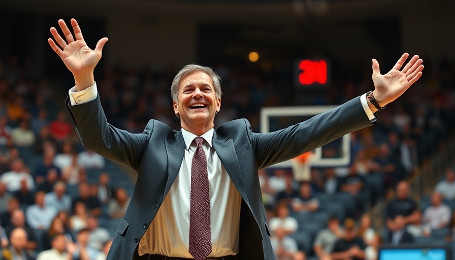 Cheerful coach celebrating in arena during St. John's first Big East tournament title.