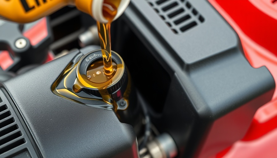 Close-up view of lawn mower oil being poured into engine.