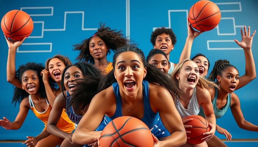 2025 NCAA Women's March Madness Bracket features dynamic female basketball players against a bracket background.