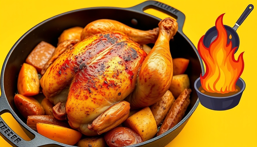 Golden roasted chicken in a skillet, vibrant dinner illustration.