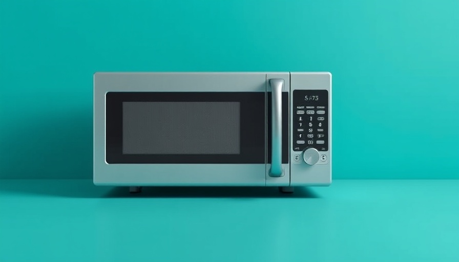 Modern countertop microwaves displayed stylishly on a teal background.