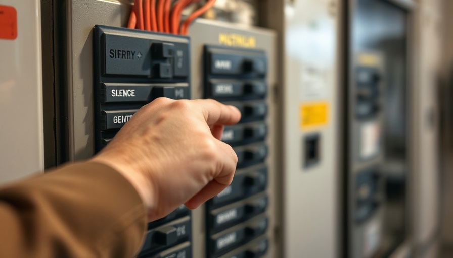 Finger pointing at circuit breaker panel for homeowner maintenance tips