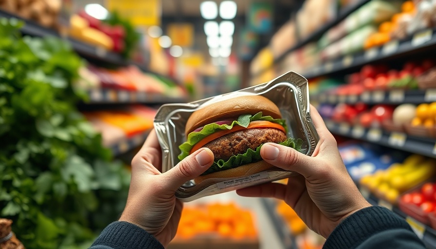 Plant-based burger health risks discussed in supermarket setting.