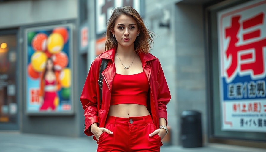 Japanese fashion trends 2025: Young woman in vibrant red attire in urban setting.