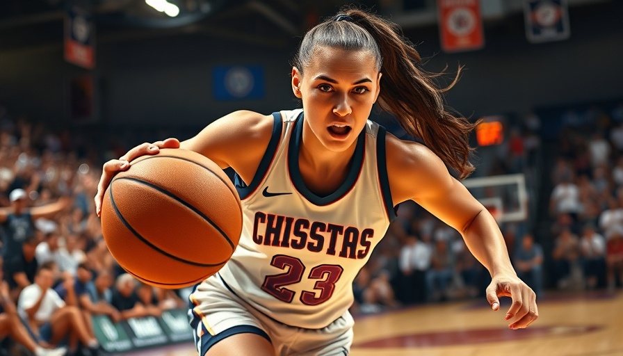 Women's March Madness player fiercely dribbling in game action.
