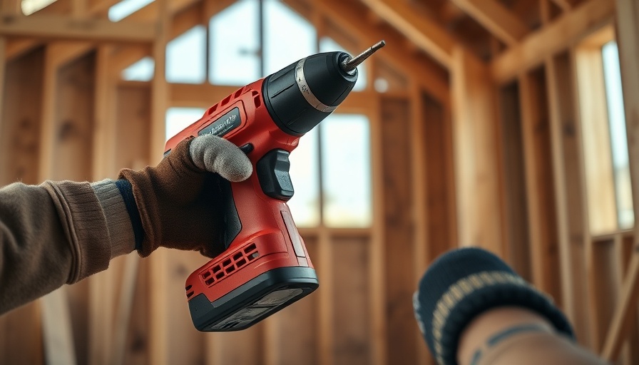 Durable red cordless drill used in wooden construction site.