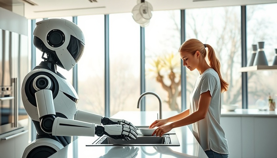 Futuristic kitchen scene with humanoid robot assisting.