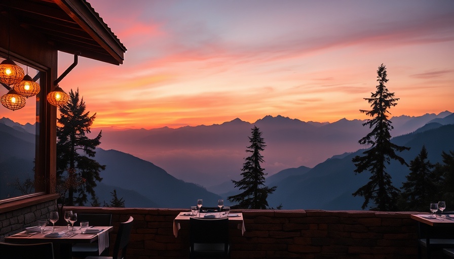 Himalayan dining experience, serene sunset view over mountains.