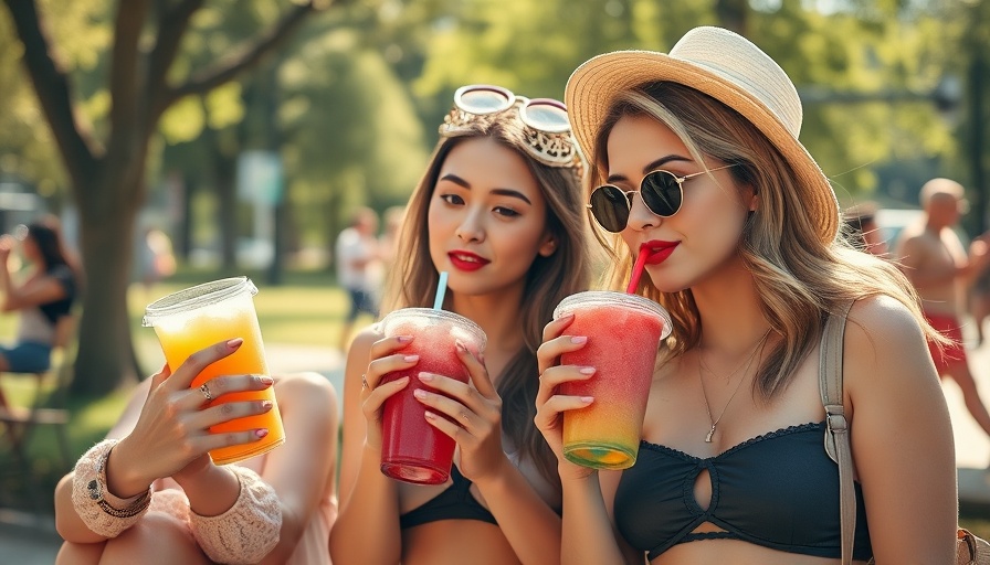 Trendy women sipping sugary drinks, summer day, urban park setting.