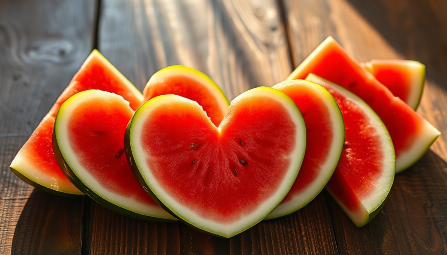 Creative heart and triangle watermelon slices on wooden table, hydration-friendly snacks.