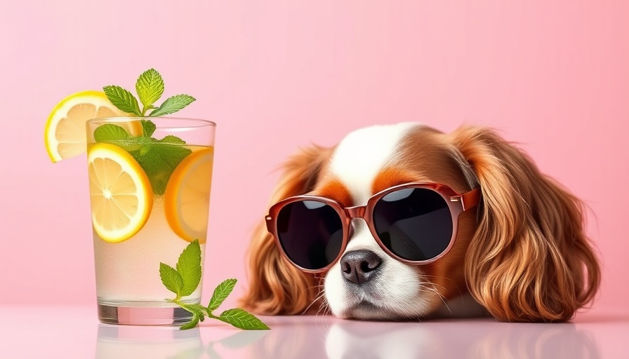 Cavalier King Charles spaniel in sunglasses looks at a refreshing drink, promoting pet hydration.