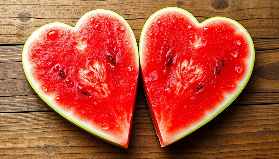 Heart-shaped and triangular watermelon slices on rustic wood table.