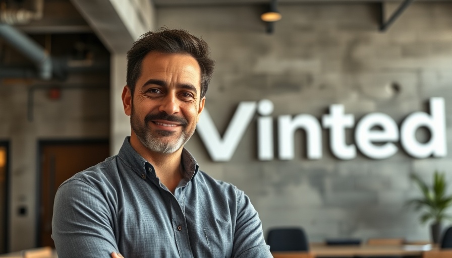 Confident man in casual attire at Vinted office.