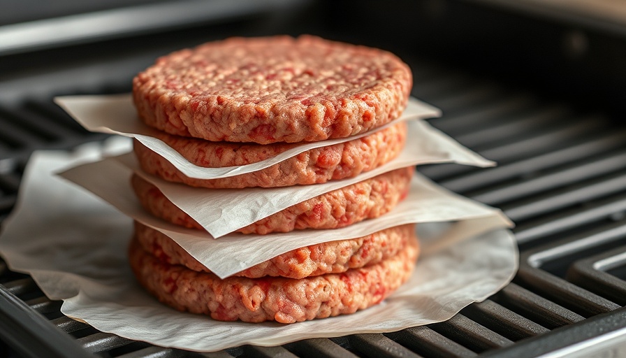 Stack of hamburger patties with parchment paper on grill tray, related to heme iron and cancer.